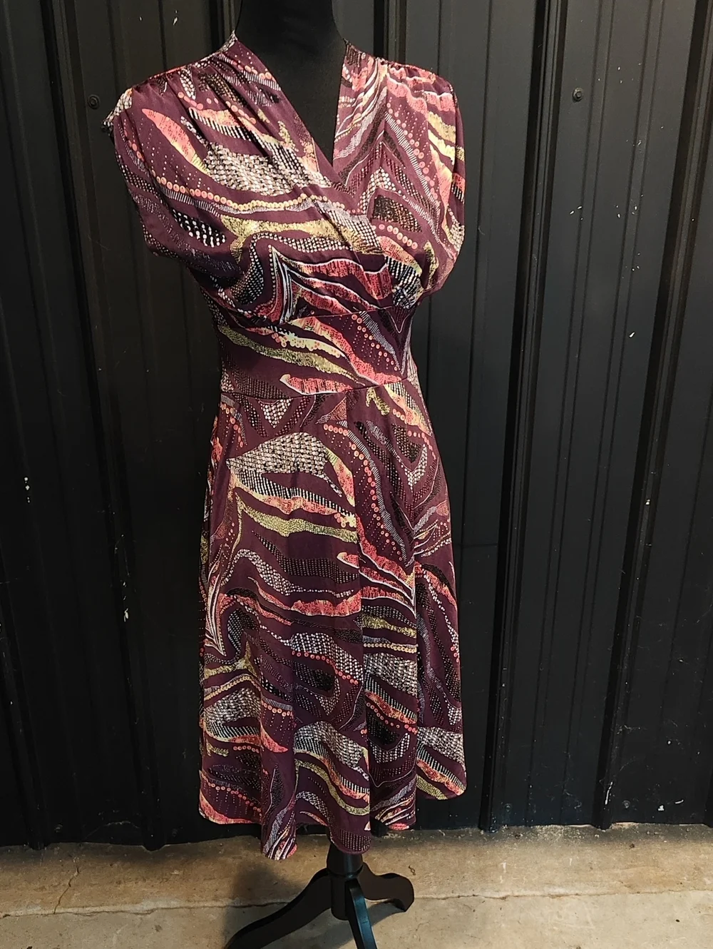 Karina Grimaldi Burgundy Printed Wrap Midi Dress with Pink and Cream Accents